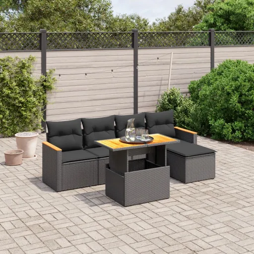 Conjunto Sofás de Jardim c/ Almofadões Vime PE Preto (6 pcs)