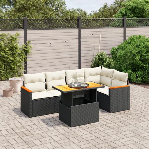 Conjunto Sofás de Jardim c/ Almofadões Vime PE Preto (6 pcs)