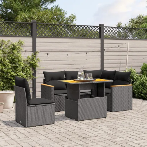 Conjunto Sofás de Jardim c/ Almofadões Vime PE Preto (6 pcs)