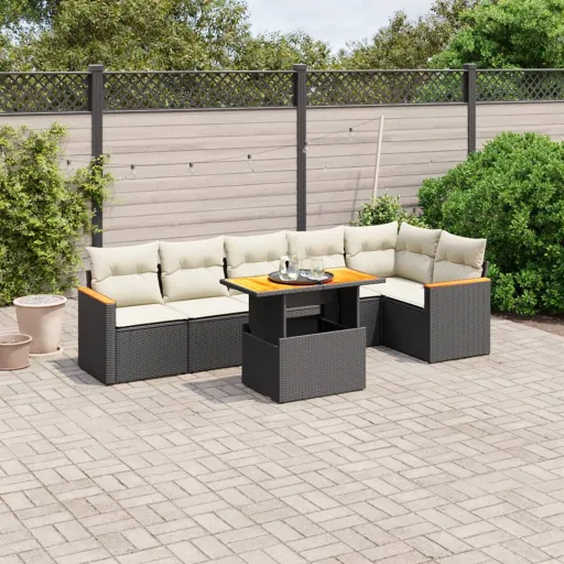 Conjunto de Sofás p/ Jardim c/ Almofadões Vime PE Preto (7 pcs)