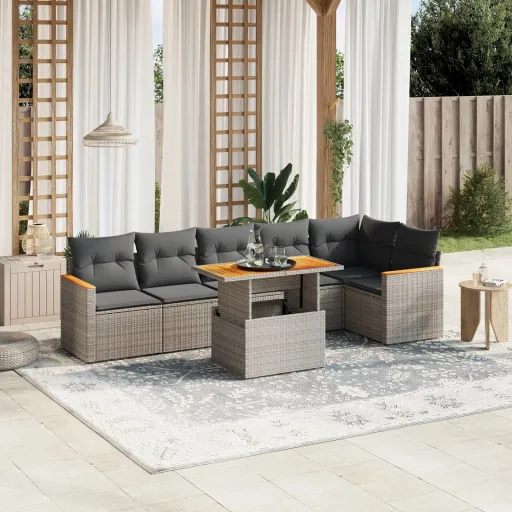 Conjunto Sofás p/ Jardim c/ Almofadões Vime PE Cinzento (7 pcs)