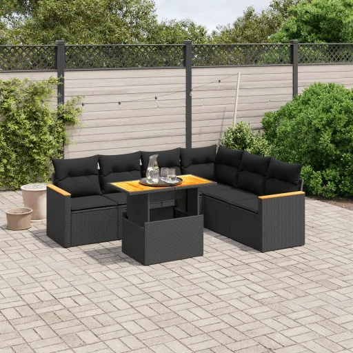 Conjunto de Sofás p/ Jardim c/ Almofadões Vime PE Preto (7 pcs)