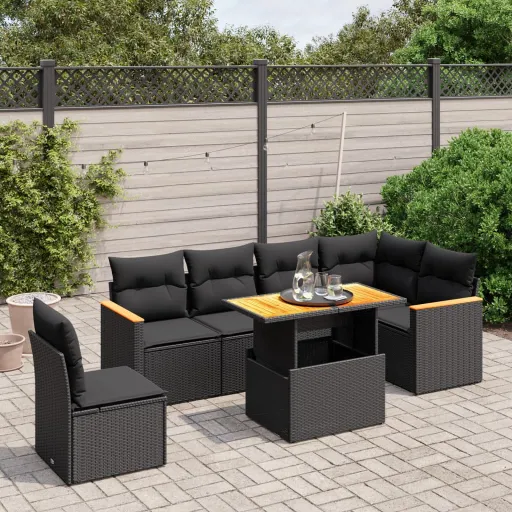 Conjunto de Sofás p/ Jardim c/ Almofadões Vime PE Preto (7 pcs)