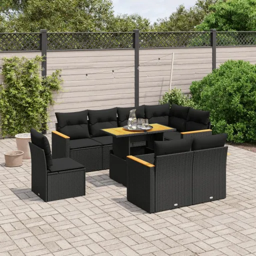 Conjunto de Sofás p/ Jardim c/ Almofadões Vime PE Preto (9 pcs)