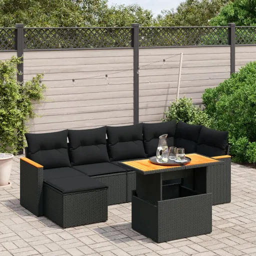 Conjunto de Sofás p/ Jardim c/ Almofadões Vime PE Preto (7 pcs)