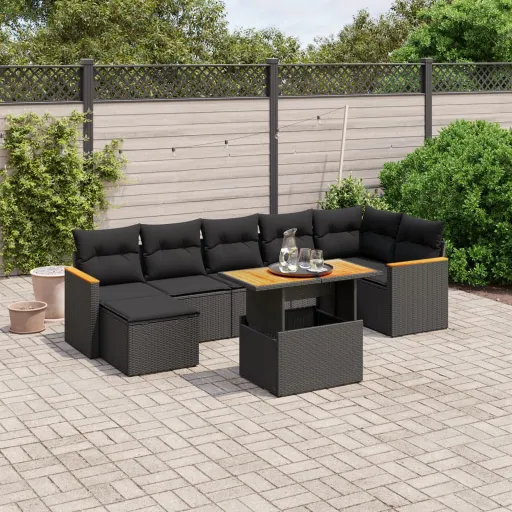Conjunto Sofás de Jardim com Almofadões Vime PE Preto (8 pcs)
