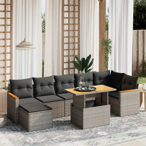 Conjunto Sofás de Jardim c/ Almofadões Vime PE Cinzento (8 pcs)