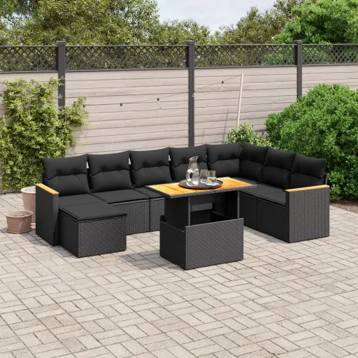 Conjunto de Sofás p/ Jardim c/ Almofadões Vime PE Preto (9 pcs)