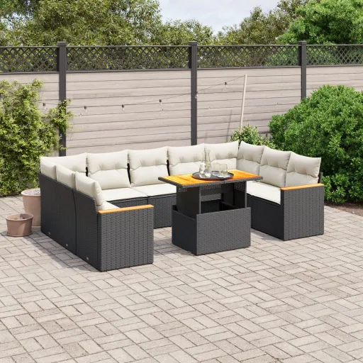 Conjunto Sofás de Jardim c/ Almofadões Vime PE Preto (11 pcs)