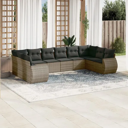 Conjunto Sofás de Jardim c/ Almofadões Vime PE Cinzento (10 pcs)