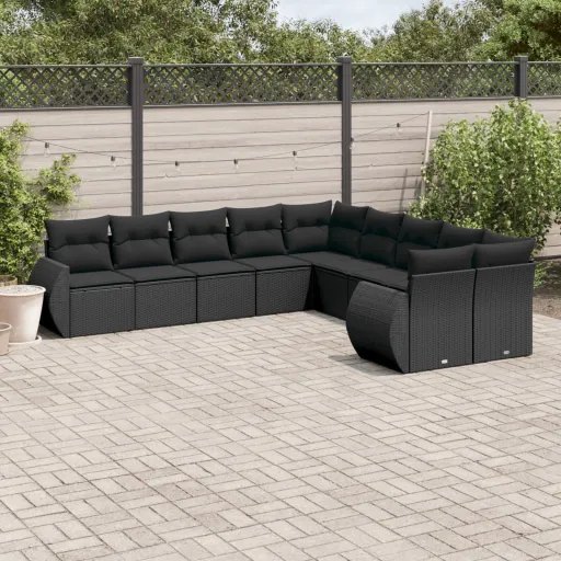 Conjunto Sofás de Jardim c/ Almofadões Vime PE Preto (10 pcs)
