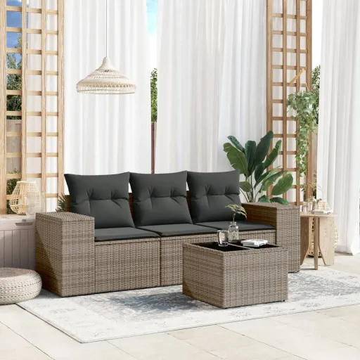 Conjunto Sofás de Jardim c/ Almofadões Vime PE Cinzento (4 pcs)