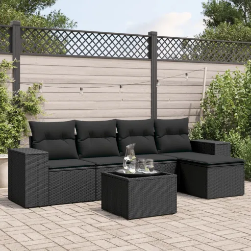 Conjunto Sofás de Jardim c/ Almofadões Vime PE Preto (6 pcs)