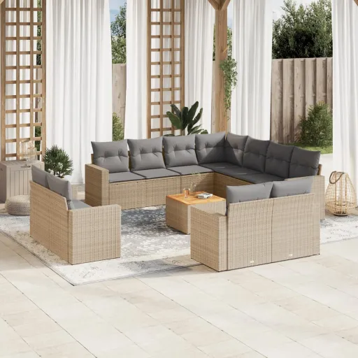 Conjunto de Sofás p/ Jardim com Almofadões Vime PE Bege (12 pcs)