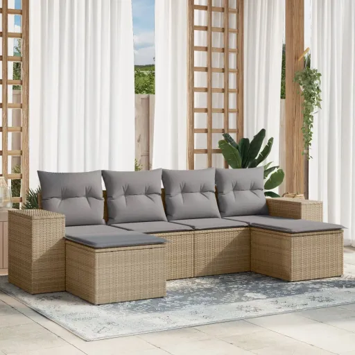 Conjunto de Sofás p/ Jardim com Almofadões Vime PE Bege (6 pcs)