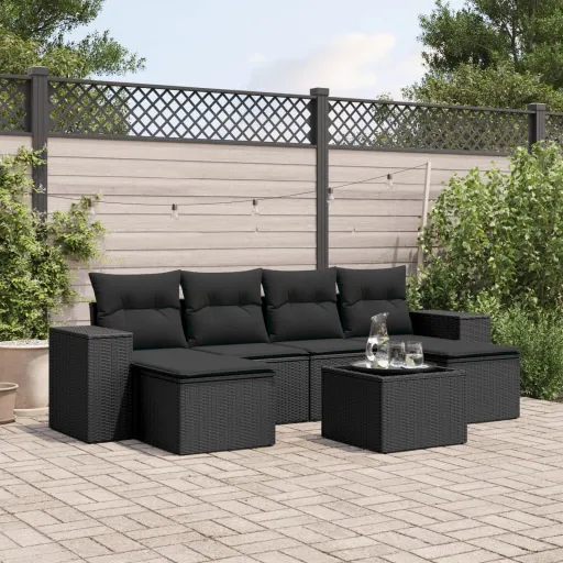 Conjunto de Sofás p/ Jardim c/ Almofadões Vime PE Preto (7 pcs)