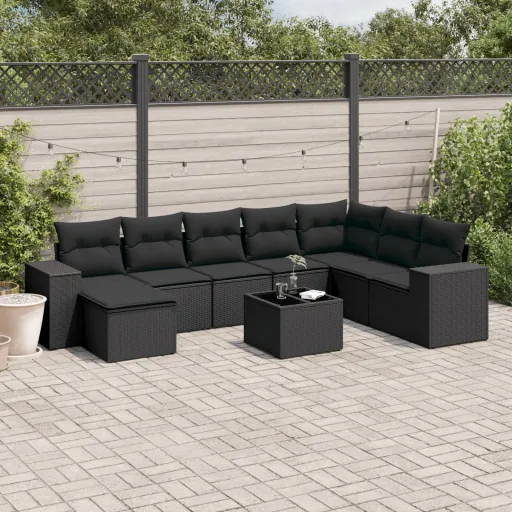 Conjunto de Sofás p/ Jardim c/ Almofadões Vime PE Preto (9 pcs)
