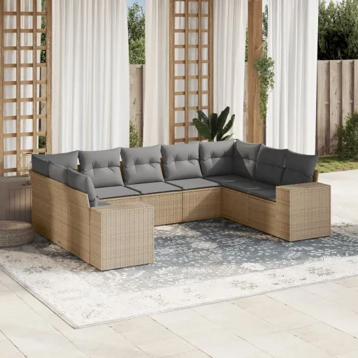 Conjunto de Sofás p/ Jardim com Almofadões Vime PE Bege (9 pcs)