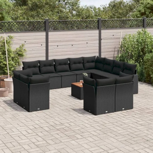 Conjunto de Sofás de Jardim com Almofadões Vime PE Preto (13 pcs)