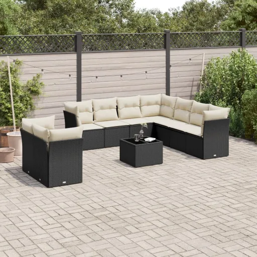 Conjunto Sofás de Jardim c/ Almofadões Vime PE Preto (10 pcs)