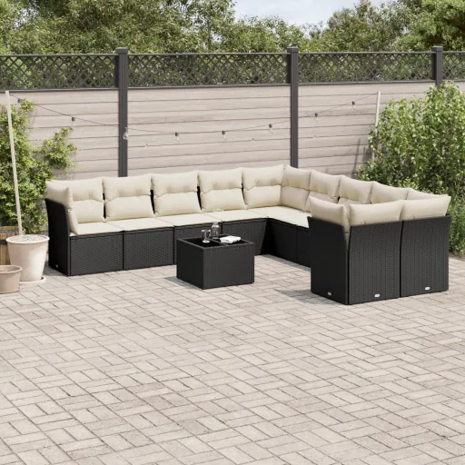 Conjunto Sofás de Jardim c/ Almofadões Vime PE Preto (11 pcs)