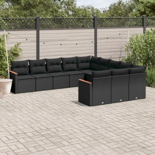 Conjunto Sofás de Jardim c/ Almofadões Vime PE Preto (11 pcs)