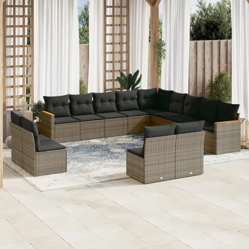 Conjunto Sofás p/ Jardim c/ Almofadões Vime PE Cinzento (13 pcs)