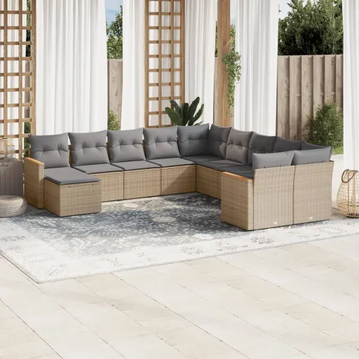 Conjunto Sofás de Jardim c/ Almofadões Vime PE Bege (11 pcs)