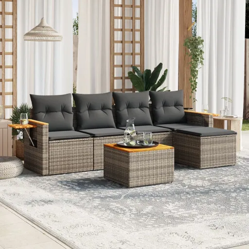 Conjunto Sofás de Jardim com Almofadões Vime Cinzento (6 pcs)