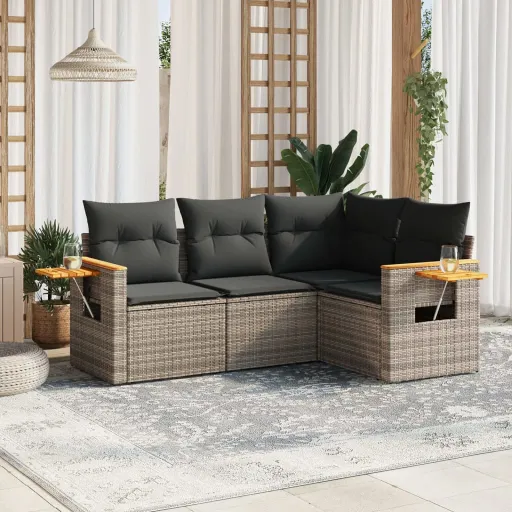Conjunto Sofás de Jardim c/ Almofadões Vime PE Cinzento (4 pcs)
