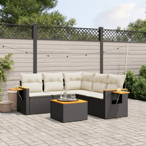 Conjunto Sofás de Jardim c/ Almofadões Vime PE Preto (6 pcs)