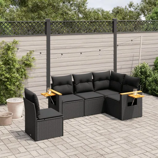 Conjunto Sofás de Jardim com Almofadões Vime PE Preto (5 pcs)