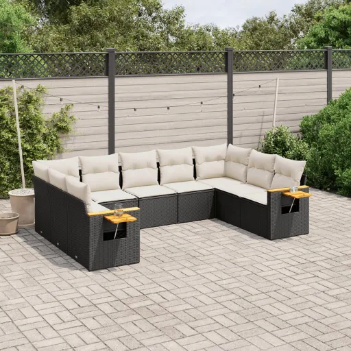 Conjunto de Sofás p/ Jardim c/ Almofadões Vime PE Preto (9 pcs)