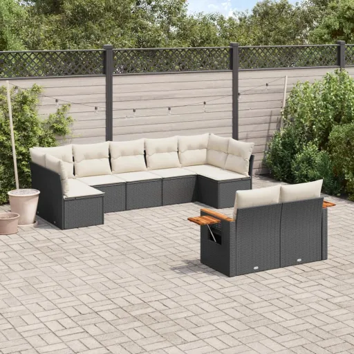 Conjunto de Sofás p/ Jardim c/ Almofadões Vime PE Preto (9 pcs)
