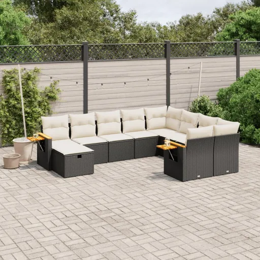 Conjunto Sofás de Jardim c/ Almofadões Vime PE Preto (10 pcs)