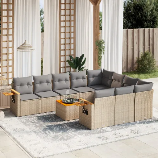 Conjunto Sofás de Jardim c/ Almofadões Vime PE Bege (11 pcs)