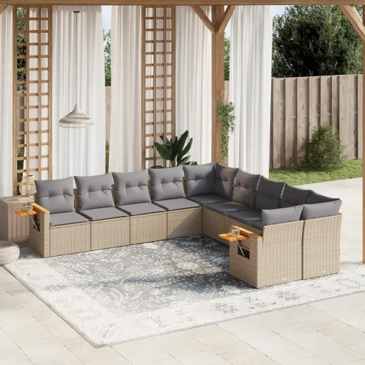 Conjunto de Sofás p/ Jardim com Almofadões Vime PE Bege (10 pcs)