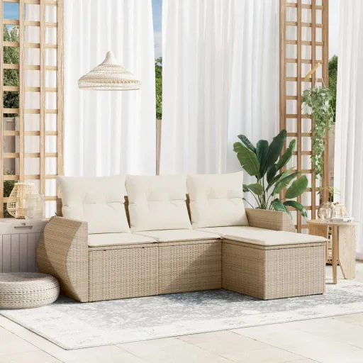 Conjunto de Sofás para Jardim c/ Almofadões Vime PE Bege (4 pcs)