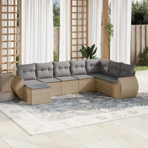 Conjunto de Sofás p/ Jardim com Almofadões Vime PE Bege (8 pcs)