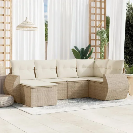 Conjunto de Sofás p/ Jardim com Almofadões Vime PE Bege (6 pcs)
