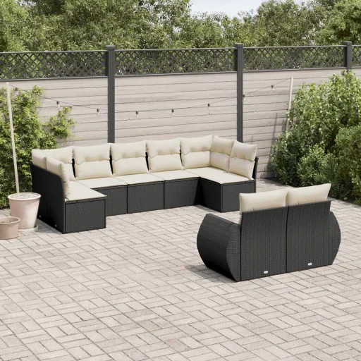 Conjunto de Sofás p/ Jardim c/ Almofadões Vime PE Preto (9 pcs)