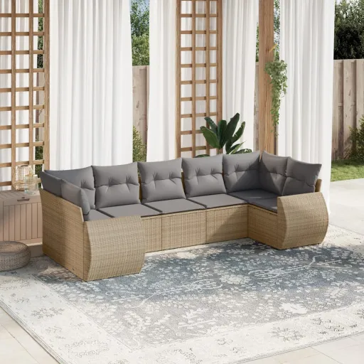Conjunto de Sofás p/ Jardim com Almofadões Vime PE Bege (7 pcs)