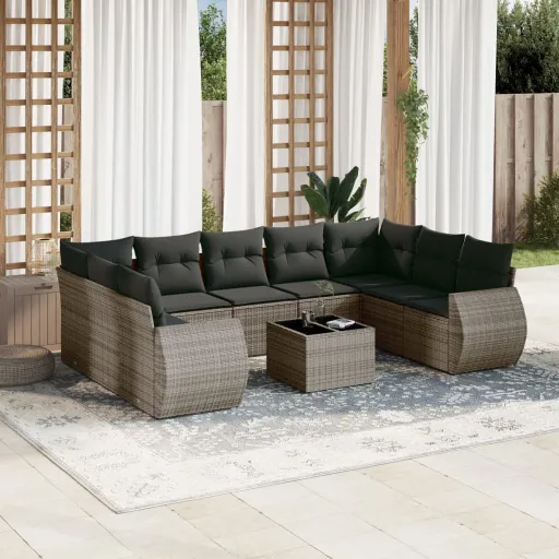 Conjunto Sofás de Jardim c/ Almofadões Vime PE Cinzento (10 pcs)