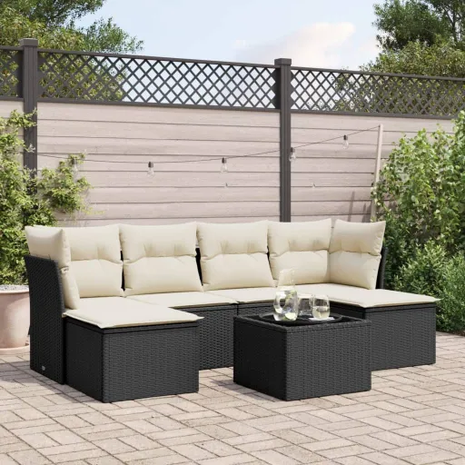 Conjunto de Sofás p/ Jardim c/ Almofadões Vime PE Preto (7 pcs)