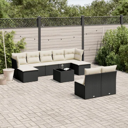 Conjunto Sofás de Jardim c/ Almofadões Vime PE Preto (10 pcs)