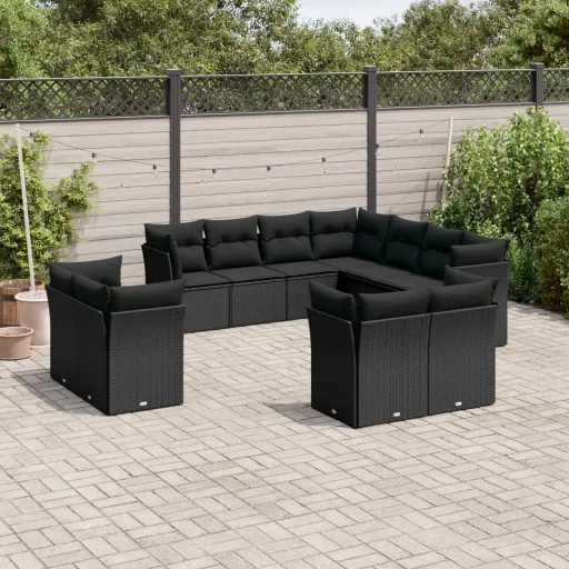 Conjunto Sofás de Jardim c/ Almofadões Vime PE Preto (11 pcs)