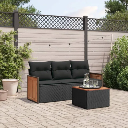 Conjunto de Sofás para Jardim c/ Almofadões Vime PE Preto (4 pcs)
