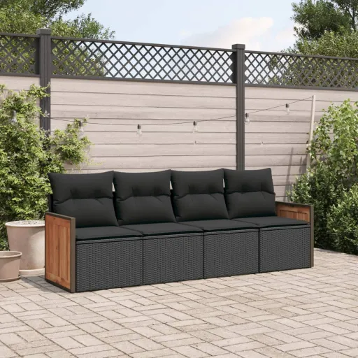 Conjunto de Sofás para Jardim c/ Almofadões Vime PE Preto (4 pcs)