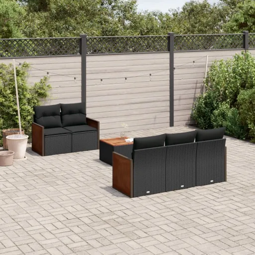 Conjunto Sofás de Jardim c/ Almofadões Vime PE Preto (6 pcs)