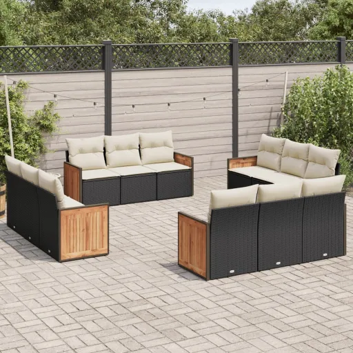 Conjunto de Sofás de Jardim c/ Almofadões Vime PE Preto (12 pcs)